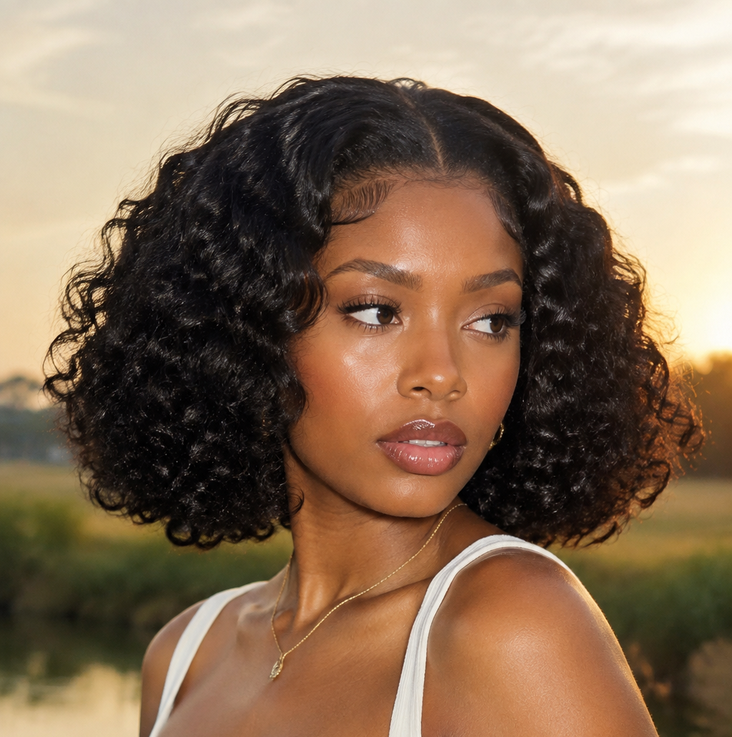 On-model shot of 10" Burmese Curly Wig in natural sunlight